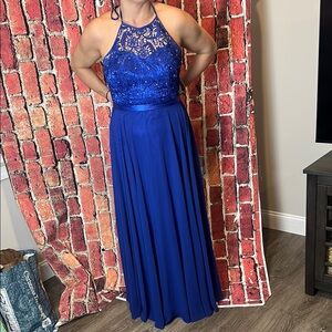 Cindy Blue Lace Halter Dress - Size Large Elegant Blue Lace Halter Dress